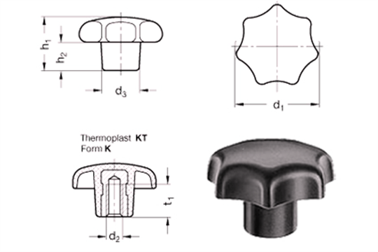 Sterknop, DIN 6336-KT-40-M6-K, M6 inwendig, thermoplast, zwart, draadbus staal verzinkt d1=40 mm, d2=M6, d3=18 mm, h1=25 mm, h2=13 mm, t1=12/14 mm